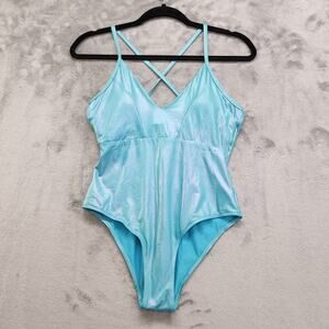 SHEKINI Swimsuit Womens S Blue Metallic V-Neck Crossback One Piece Shiny Mermaid